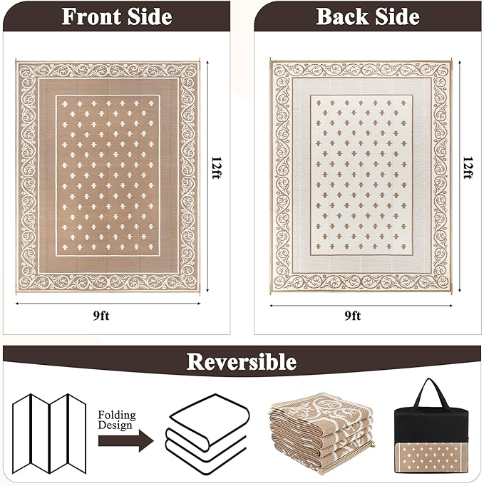 Pauwer Waterproof Outdoor Rug 9x12, Reversible Plastic Straw Patio Camping Rug, Indoor Outdoor RV Mat Carpet for Deck, Camper, Porch, Balcony, Backyard, Picnic, Bordered Beige