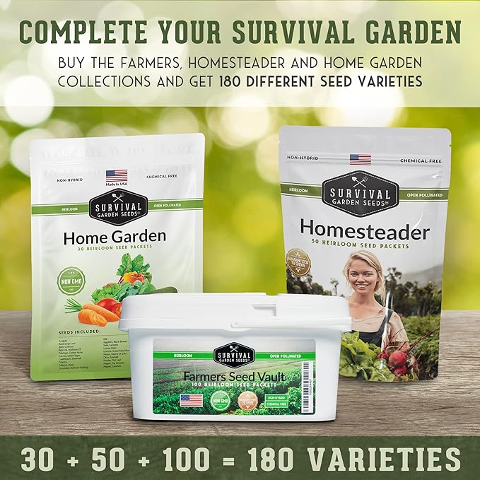 Survival Garden Seeds Home Garden Collection - 30 Pack with 18,500+ Non-GMO Heirloom Vegetable, Fruits, Herb Seed Varieties for Planting - Plant & Grow Survival Food & Emergency Preparedness Gear