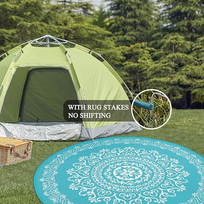 Pauwer Waterproof Outdoor Rug 6ft, Reversible Plastic Straw Patio Camping Rug, Indoor Outdoor RV Mat Carpet for Deck, Camper, Porch, Balcony, Backyard, Picnic, Floral Teal
