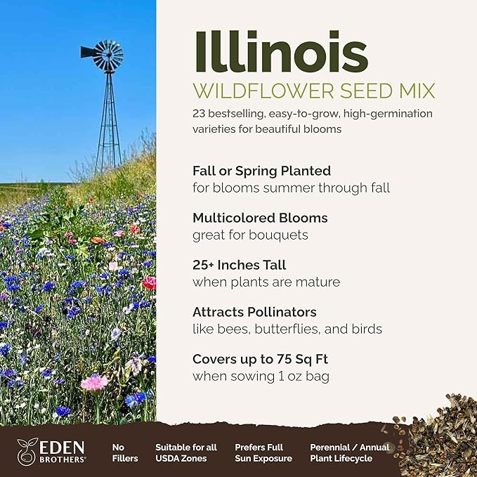 Eden Brothers Illinois Wildflower Mixed Seeds for Planting, 1 oz, 30,000+ Seeds with Cosmos, Blanket Flower | Attracts Pollinators, Plant in Spring or Fall, Zones