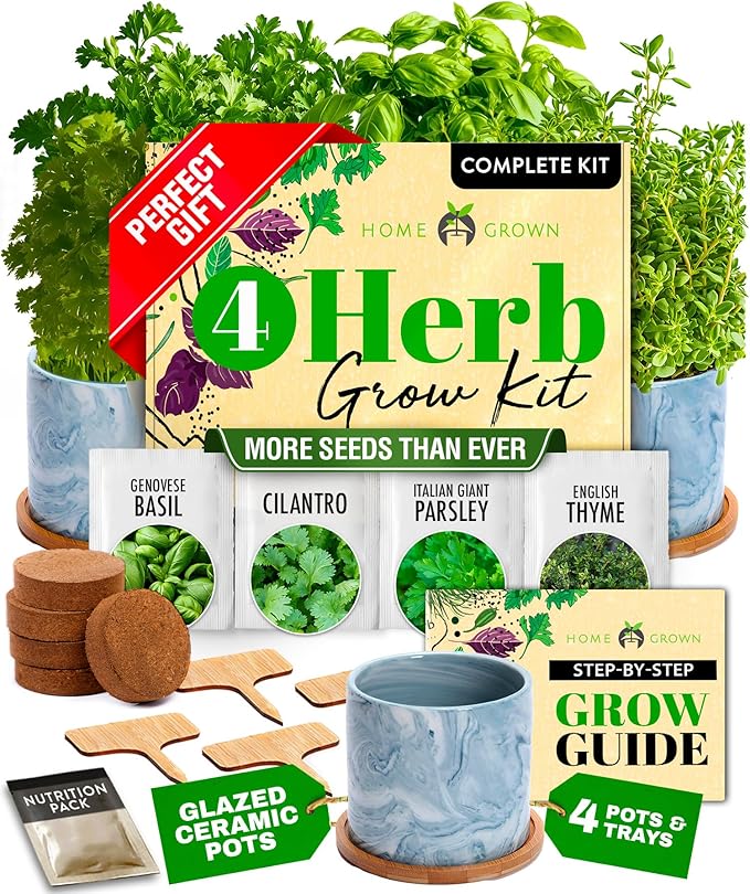 HOME GROWN Indoor Herb Gardening Kit w/Glazed Ceramic Pot - Unique Gift for Women, Mom, Gardeners, Friend, Her, Mother - Easy-to-Grow Kitchen Window Starter Set