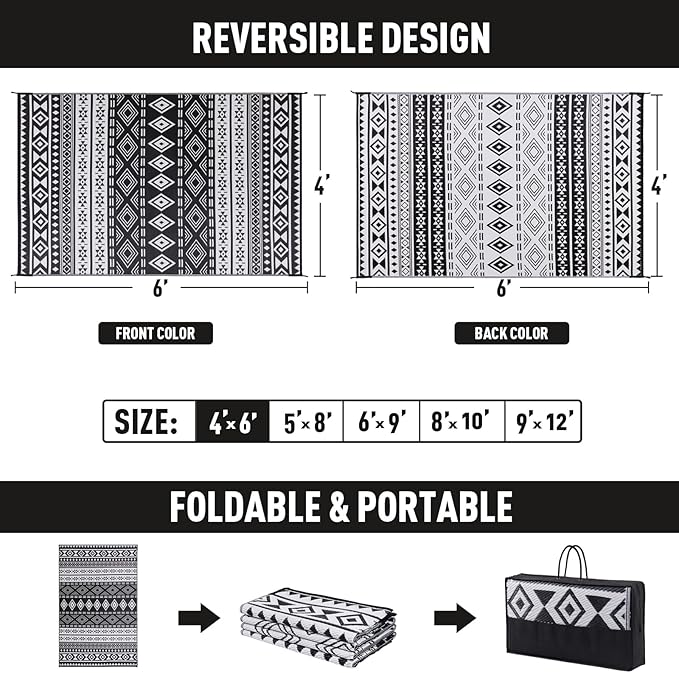 WILDROOTS 5x8 Feet Black and White Plastic Outdoor Rug, Stain Resistant Waterproof Reversible Outdoor Patio Rug, Fade Resistant Camping Rug