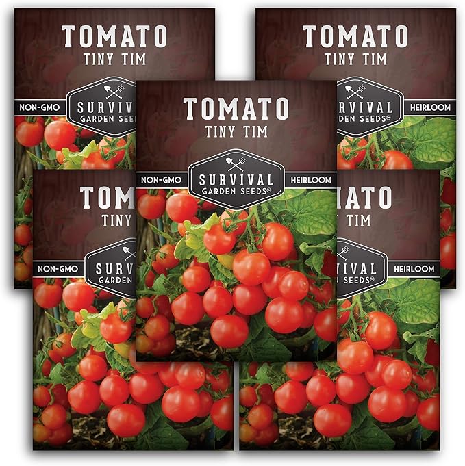 Survival Garden Seeds - Tiny Tim Tomato Seeds for Planting - 5 Packs with Instructions to Grow in Your Home Vegetable Garden - Non-GMO Heirloom Variety