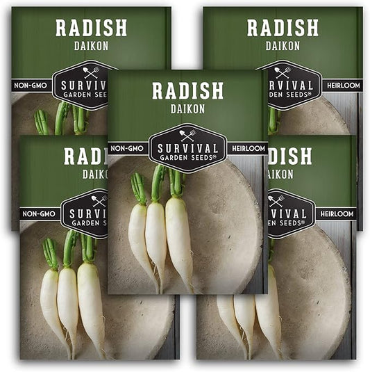Survival Garden Seeds - Daikon Radish Seed for Planting - 5 Packs with Instructions to Plant and Grow Japanese Radish Vegetables in Your Home Vegetable Garden - Non-GMO Heirloom Variety