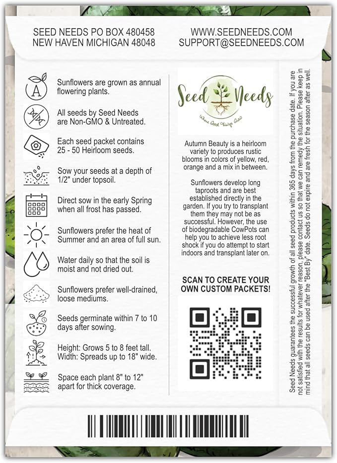 Seed Needs, Sunflower Seed Packet Party Favors - Pre-Filled Packs to Hand Out (Great for Weddings, Bridal Showers, Memorials, Fundraisers & Other Events) Heirloom & Untreated (20 Packets)