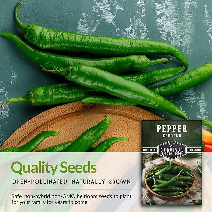 Survival Garden Seeds - Serrano Pepper Seed for Planting - 2 Packs with Instructions to Plant and Grow Spicy Mexican Peppers in Your Home Vegetable Garden - Non-GMO Heirloom Variety