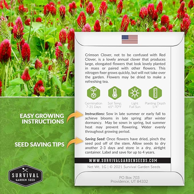Crimson Clover Seed for Planting - 1 Packet with Instructions to Plant & Grow Flowers or Cover Crop in Your Home Vegetable Garden - Non-GMO Heirloom Variety - Survival Garden Seeds