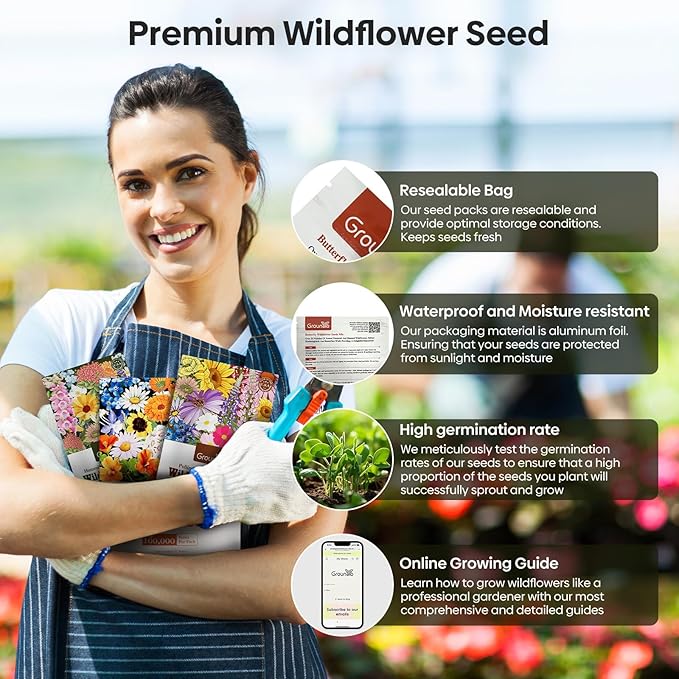 Wildflower Seeds Bulk, 4 Oz, 100,000+ Seeds, 26 Variety Flowers Seeds Mix Seeds for Planting, Annual Perennial Butterfly Garden Seeds for Attracting Birds and Bees