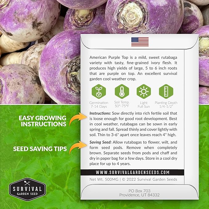 Survival Garden Seeds - 5 Packs American Purple Rutabaga Seed for Planting with Instructions to Grow Brassica Napus in Your Home Vegetable Garden - Non-GMO Heirloom Variety