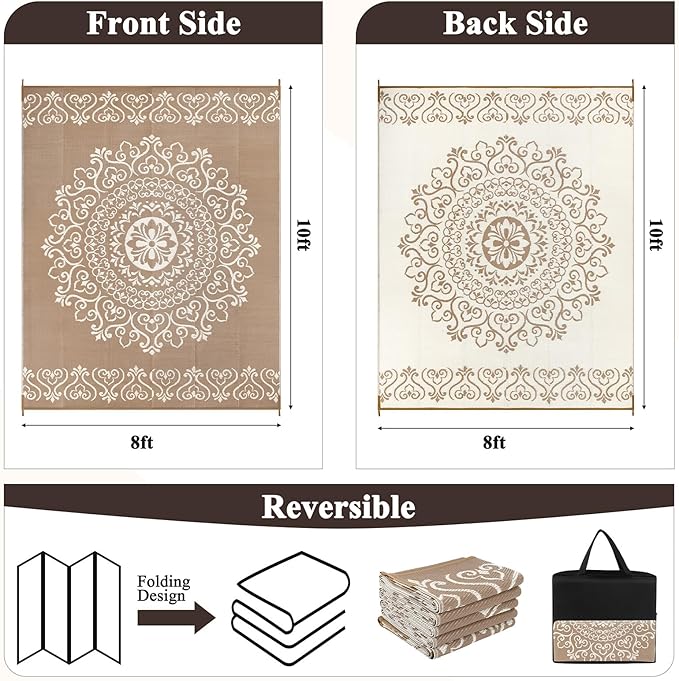 Pauwer Waterproof Outdoor Rug 8x10, Reversible Plastic Straw Patio Camping Rug, Indoor Outdoor RV Mat Carpet for Deck, Camper, Porch, Balcony, Backyard, Picnic, Floral Brown