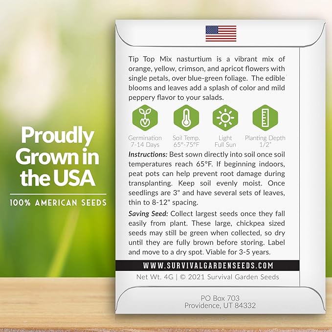 Survival Garden Seeds - Tip Top Mix Nasturtium Seeds - 2 Packs with Instructions to Plant and Grow Edible Flowers & Companion Plants in Your Home Vegetable Garden - Non-GMO Heirloom Variety