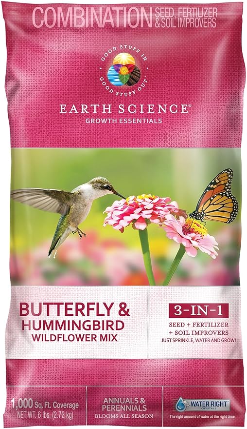 Earth Science 6 lb Wildflower Butterfly & Hummingbird Mix, 3-in-1 Premium Wildflower Seed, Plant Food and Soil Conditioners, Non-GMO for Bees, Hummingbirds, Butterflies, Pollinators