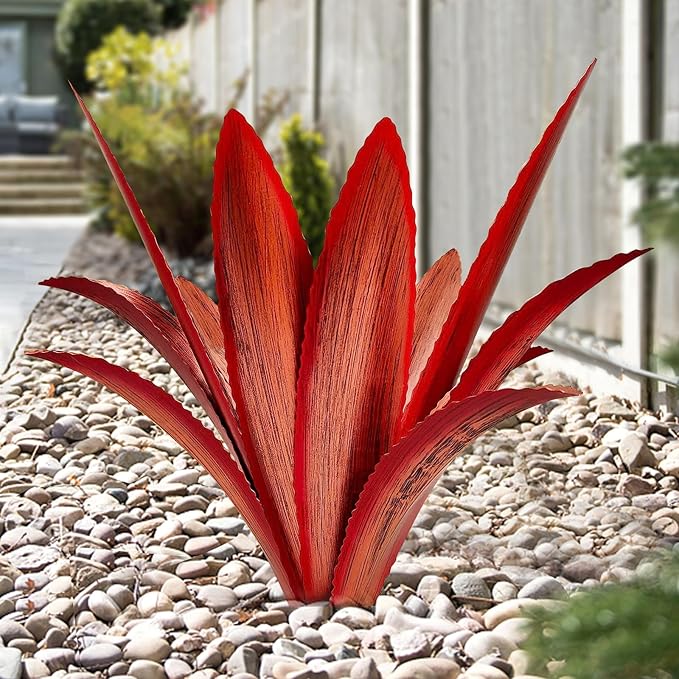 Enlarge Thickened Wind Resistant Metal Agave Garden Art Metal Plant Country Garden Sculpture Statue Outdoor Decoration Agave Metal Plant Courtyard Garden Lawn Ornament Gift (2, 12 Leaves red)