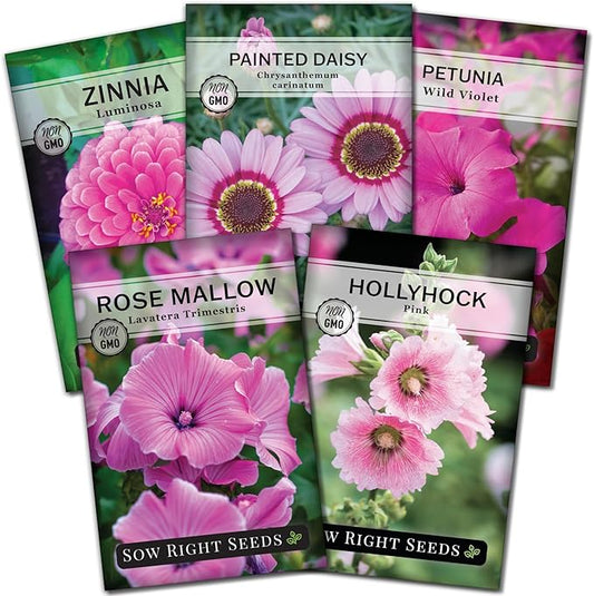 Sow Right Seeds - Collection of Pink Flower Seeds for Planting - Non-GMO Heirloom Packets with Instructions - Wonderful Rosy Blooms to Attract Pollinators - Cut and Come Again - Rare Varieties