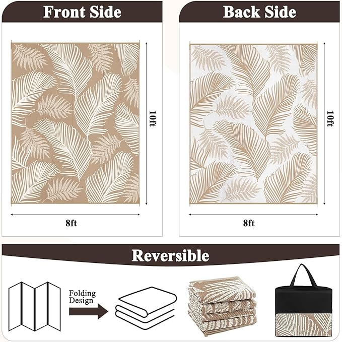 Pauwer Waterproof Outdoor Rug 8x10, Reversible Plastic Straw Patio Camping Rug, Indoor Outdoor RV Mat Carpet for Deck, Camper, Porch, Balcony, Backyard, Picnic, Leaf Brown