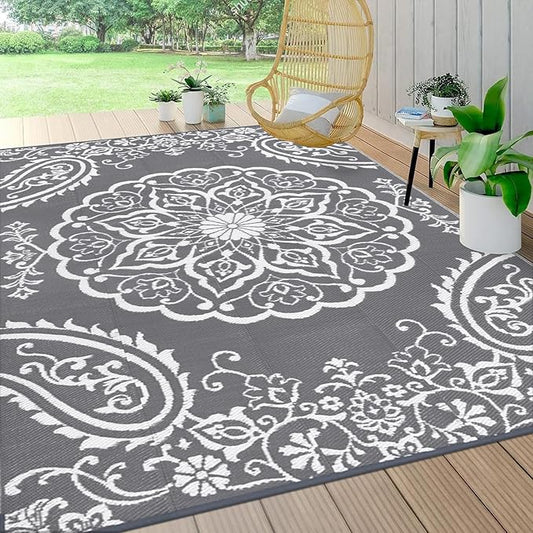 Pauwer Waterproof Outdoor Rug 9x12, Reversible Plastic Straw Patio Camping Rug, Indoor Outdoor RV Mat Carpet for Deck, Camper, Porch, Balcony, Backyard, Picnic, Boho Grey