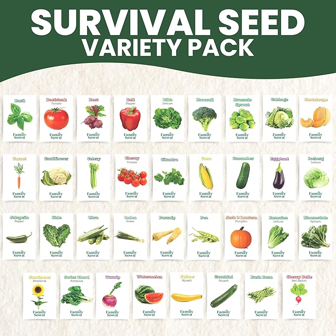 35 Vegetable Seeds | Survival Variety Pack | 2025 Season | Individually Packed Vegetables, Herbs and Fruits | Emergency Seed Vault for Doomsday Prepping | by Family Sown