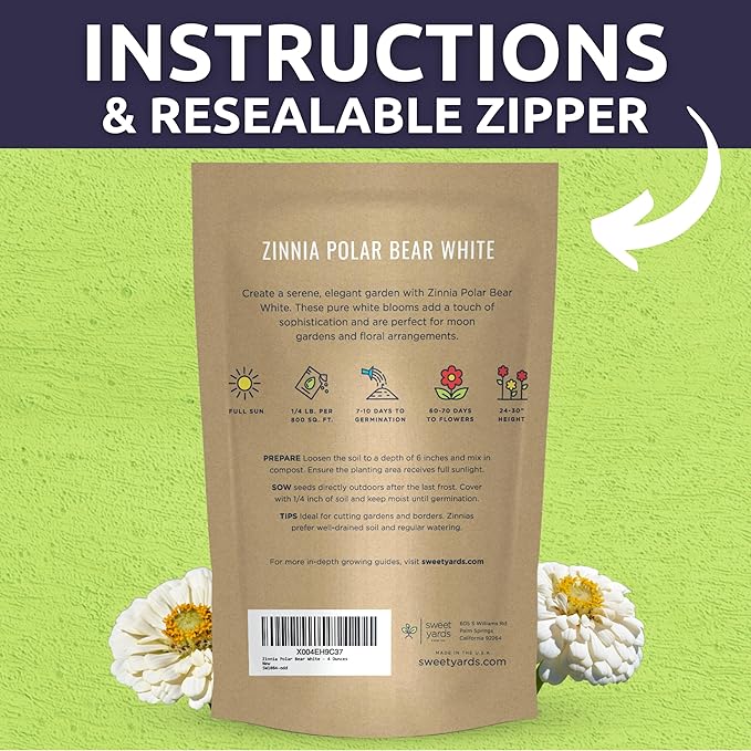 Zinnia Polar Bear White - Bulk 1/4 Pound Pouch - 15,000 Flower Seeds for Planting - Zinnia elegans