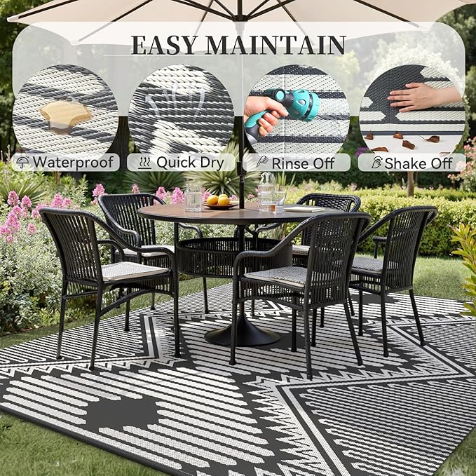 MontVoo Outdoor Rug-Waterproof Patio Rug Mat 5x8 Outdoor Carpet Mat Reversible Plastic Straw Outside Outdoor Rug for RV Camping Picnic Beach Balcony Backyard Pool Deck Porch Modern Boho Grey