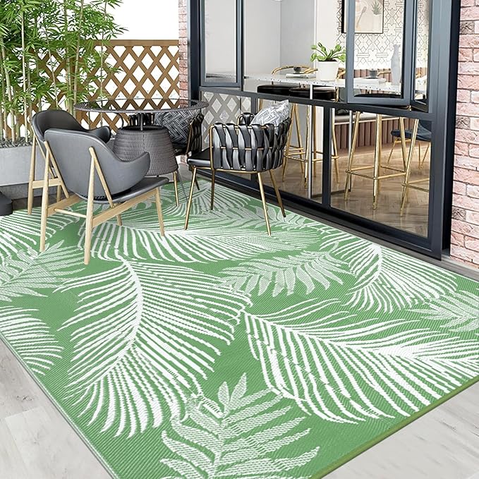 Pauwer Waterproof Outdoor Rug 9x12, Reversible Plastic Straw Patio Camping Rug, Indoor Outdoor RV Mat Carpet for Deck, Camper, Porch, Balcony, Backyard, Picnic, Leaf Green
