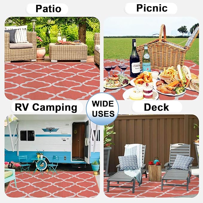 OutdoorLines Outdoor Plastic Area Rug for Patio 5x8 ft - Reversible Outside Carpet, Stain & UV Resistant RV Mats, Straw Rug for Camping, Deck Garden, Porch and Balcony, Moroccan/Orange & Light Grey