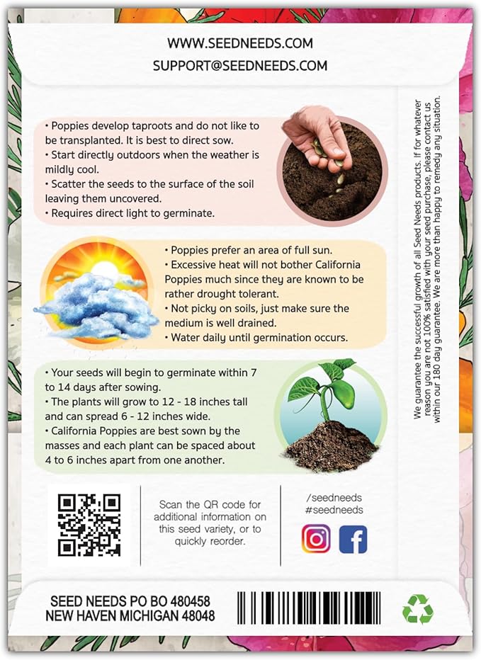 Seed Needs Mixed California Poppy Seeds for Planting - Heirloom & Open Pollinated Tender Perennial - Colorful Mixture of Flowers to Plant a Butterfly Garden (1 Pack)