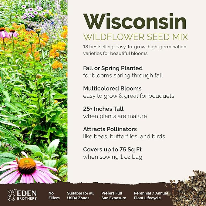 Eden Brothers Wisconsin Wildflower Mixed Seeds for Planting, 1 oz, 30,000+ Seeds with Sunflower, Aster | Attracts Pollinators, Plant in Spring or Fall, Zones
