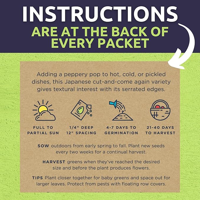 Organic Mustard Green Seeds Variety Pack - 5 Individual Packs - 2025 Season - Mizuna, Pizzo, Bekana, Red Giant and Green Wave! for Indoor & Outdoor Planting (Non-GMO, Certified Organic)