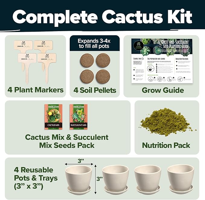 HOME GROWN Succulent & Cactus Seed Kit for Planting – Premium Starter Kit with 4 Planters, Drip Trays, Markers, Seed Mix, and Soil - Perfect DIY Gift for Plant Enthusiasts