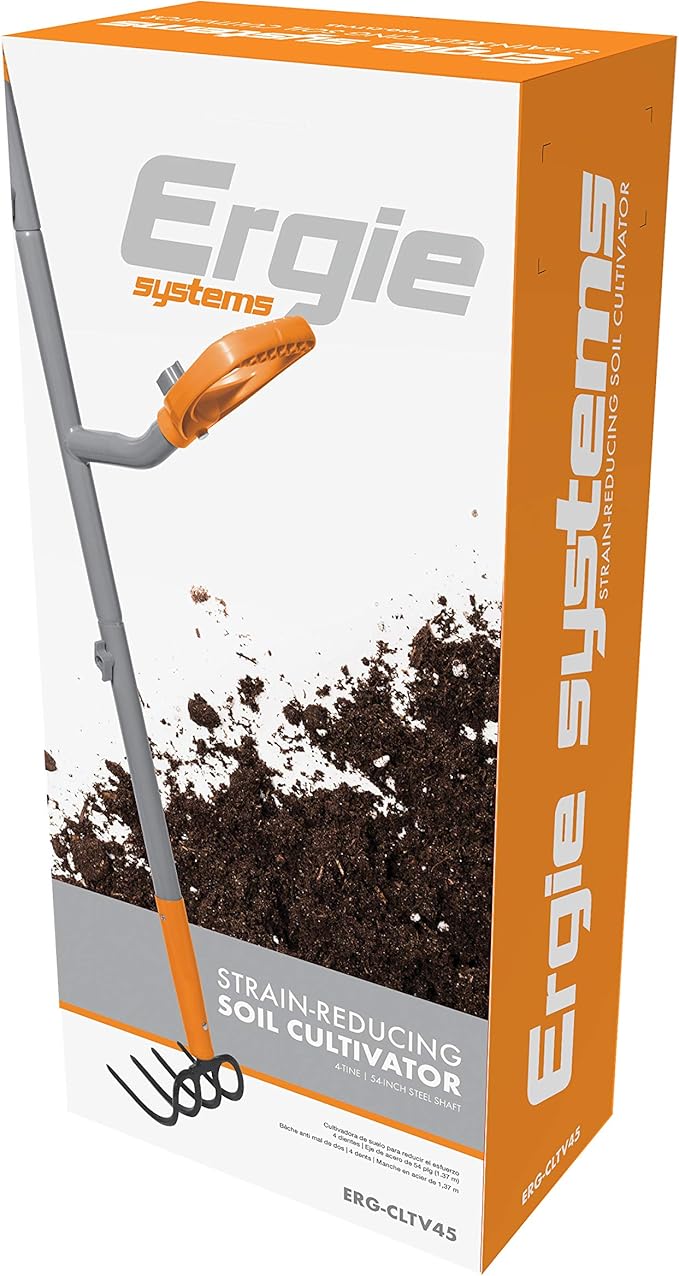 ERG-CLTV45 w/54, 5-in-1 Impact Resistant Garden Soil Cultivator w/ 5-in-1 Piece Forged Steel Head, 4-Tine, 54-Inch Shaft, w/Patented Ergonomic Second Handle, Gray/Orange
