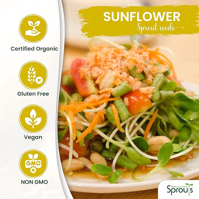 Nature Jims Sprouts Sunflower Seeds - Certified Organic Black Oil Sunflower Sprouts for Soups - Raw Bird Food Seeds - Non-GMO, Chemicals-Free - Easy to Plant, Fast Sprouting Sun Flower Seeds - 8 Oz