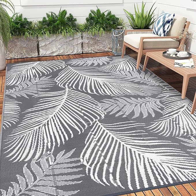 Pauwer Waterproof Outdoor Rug 6x9, Reversible Plastic Straw Patio Camping Rug, Indoor Outdoor RV Mat Carpet for Deck, Camper, Porch, Balcony, Backyard, Picnic, Leaf Grey