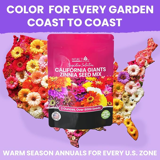 NatureZ Edge Zinnia Seeds for 2025 Planting Outdoors, Over 8250 Flower Seeds, 2 Oz, Non GMO Made in USA, Bulk Semillas De Flores para Sembrar, California Giants, Easy to Grow Zinnia Seed Mix