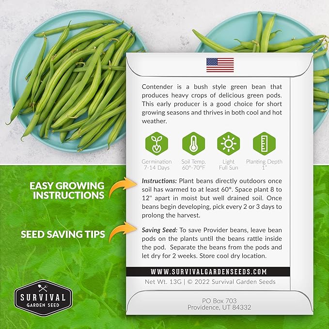 2 Packs Contender Bush Bean Seed for Planting with Instructions to Grow Delicious & Stringless Green Beans in Your Home Vegetable Garden - Non-GMO Heirloom - Survival Garden Seeds