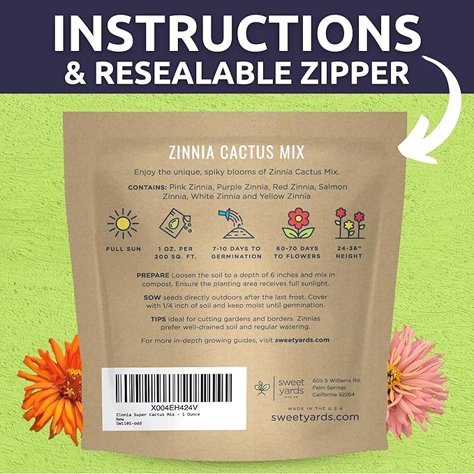 Zinnia Super Cactus Mix - Large 1 Ounce Packet - 4,000 Flower Seeds for Planting - Zinnia elegans