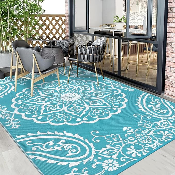 Pauwer Waterproof Outdoor Rug 8x10, Reversible Plastic Straw Patio Camping Rug, Indoor Outdoor RV Mat Carpet for Deck, Camper, Porch, Balcony, Backyard, Picnic, Boho Teal