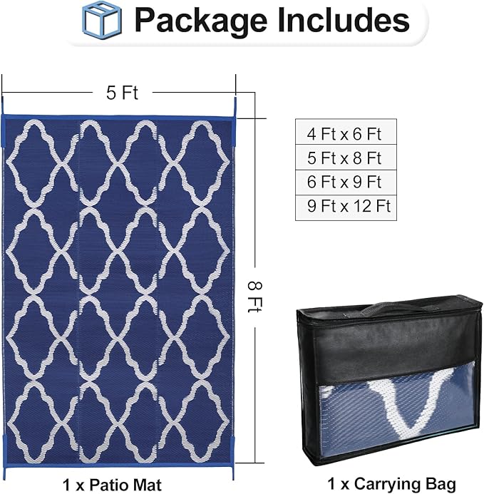 OutdoorLines Outdoor Plastic Area Rugs for Patio 5x8 ft - Reversible Outside Carpet, Stain & UV Resistant RV Mats, Straw Rug for Camping, Deck Garden, Porch and Balcony, Moroccan Navy & Light Grey