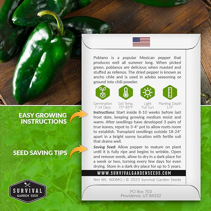 Poblano Pepper Seed for Planting - 3 Packets with Instructions to Plant and Grow Ancho Chiles in Your Home Vegetable Garden - Non-GMO Heirloom Variety - Survival Garden Seeds