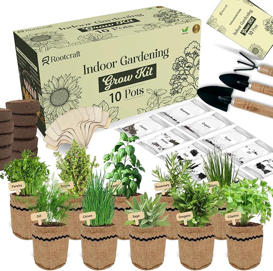 10 Herb Garden Planter Indoor Kit, 44pcs Complete Kitchen Herb Starter Set Including Burlap Pots, Markets, Soil Discs, Gardening Tools, Unique Easter/Birthday/Christmas Gift Ideas for Women, Mom