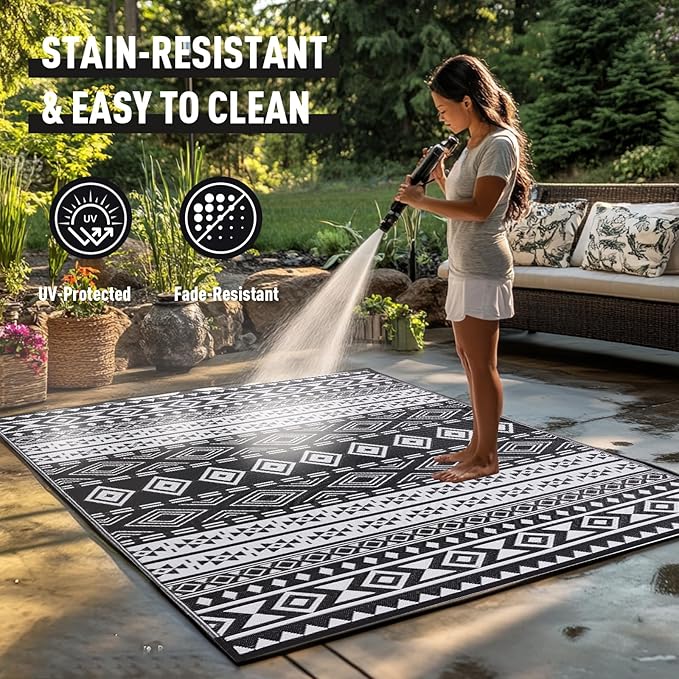 WILDROOTS 9x12 Feet Black and White Plastic Outdoor Rug, Stain Resistant Waterproof Reversible Outdoor Patio Rug, Fade Resistant Camping Rug