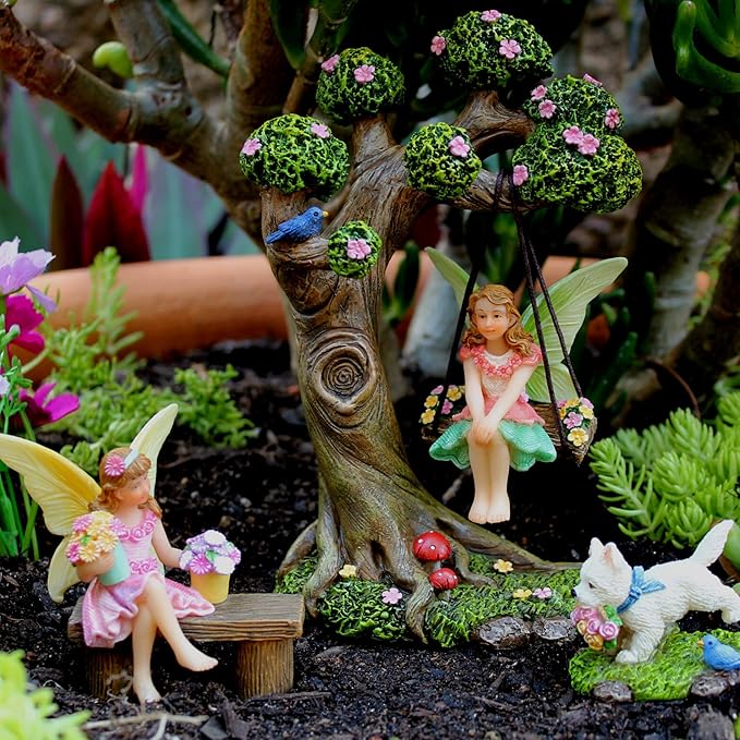 Fairy Garden Accessories Outdoor - Fairy Garden Kit with Fairies for Fairy Garden - Miniatures for an Outdoor Garden, a Fairy Tree Swing, Figurines & Puppy