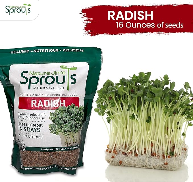 Nature Jims Radish Sprout Seeds – 16 Ounce Organic Sprouting Seeds – Non-GMO Premium Radish Seeds – Resealable Bag for Longer Freshness – Rich in Vitamins, Minerals, Fiber