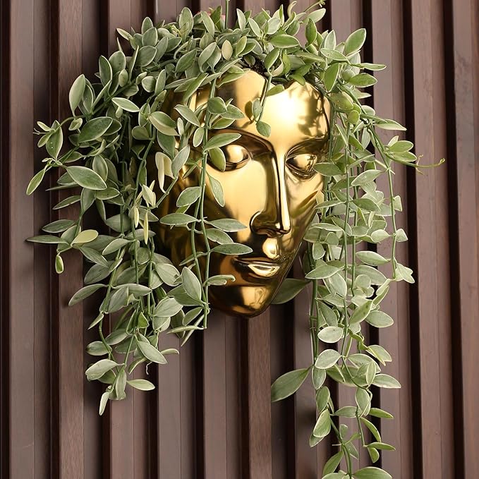 Face Vase,Ceramic Female Form Vase,Modern Sculpture Planter Pot,Human Face Dried Flower Shaped Vase,Wall Hanging Plant Pot for Home Decor Centerpieces, Office or Outdoor Hanging Decor Gold