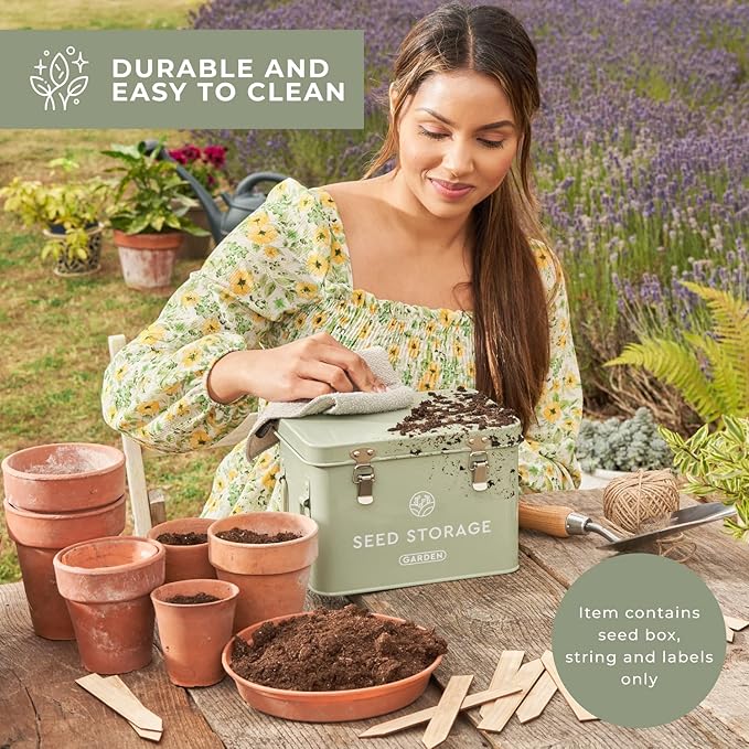 Seed Storage Box – Metal Seed Packet Organizer with Garden String and Bamboo Plant Labels. Seed Container Storage Delivering Complete Seed Saving Organization for Every Garden Lover.