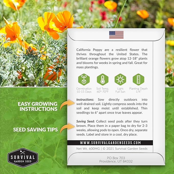 Survival Garden Seeds 1 Packet California Poppy for Planting - Seed Packs with Instructions to Grow Eschscholzia Californica Plants in Your Home Flower Garden - Non-GMO Heirloom Wildflower Variety