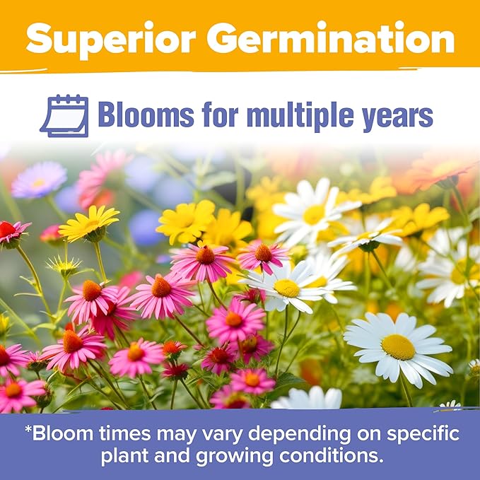 HOME GROWN 44,000 Wildflower Seeds: 2oz Perennial Wild Flower Seeds Mix - Flower Garden Seeds for Attracting Birds & Butterflies - 25 Variety Wildflowers Seed for Planting Outdoor Garden Flowers