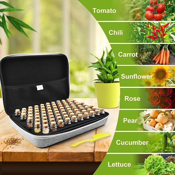 【80 Slots】 Seed Storage Organizer, Sturdy Seed Organizer Storage Box with Dual Zipper Bag and 84Pcs Label Stickers, Glass Seed Storage Container for Flower Vegetable Plants Garden Seeds Saving