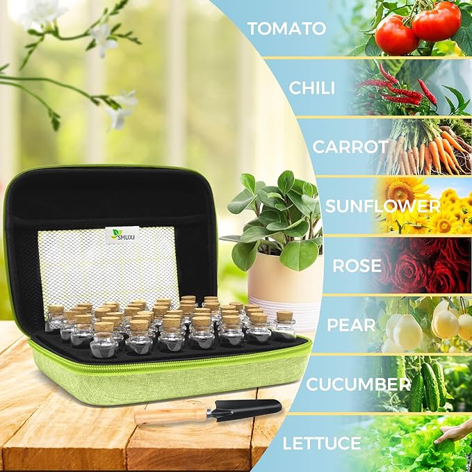 【40 Slots】 Seed Storage Organizer, Sturdy Seed Organizer Storage Box with Dual Zipper Bag and 42Pcs Label Stickers, Glass Seed Storage Container for Flower Vegetable Plants Garden Seeds Saving, Green