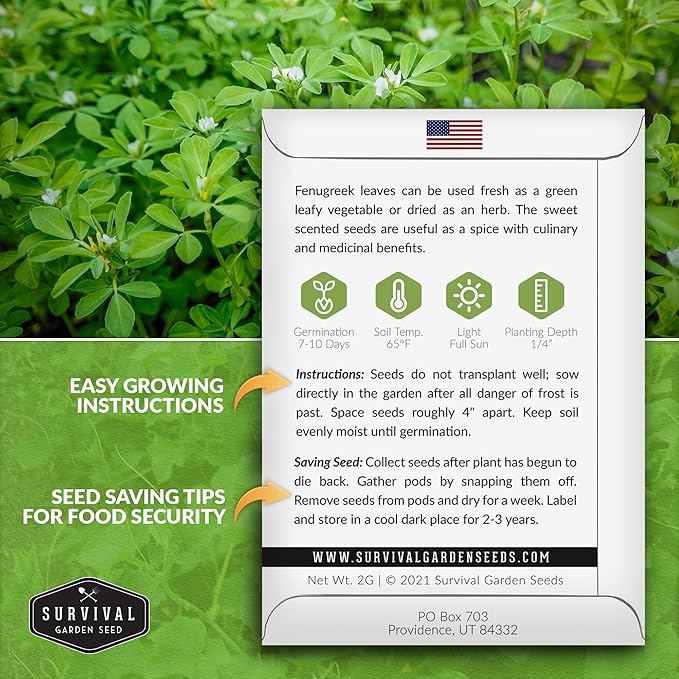 2 Packs Fenugreek Seed for Planting with Instructions to Grow Samudra Methi in Your Home Vegetable Garden - Non-GMO Heirloom - Good Microgreens or Sprouts - Survival Garden Seeds
