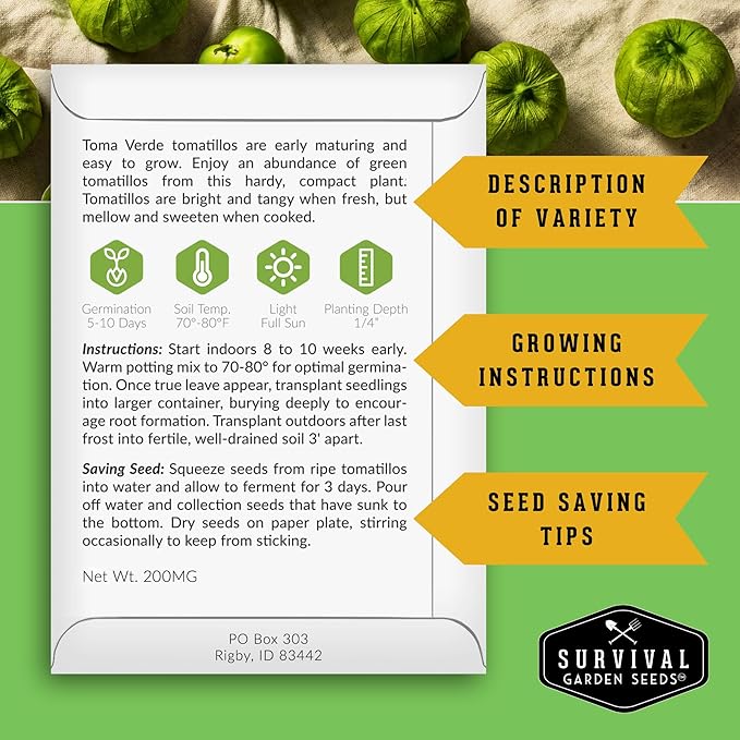 Survival Garden Seeds - Toma Verde Tomatillo Seed for Planting - Packet with Instructions to Plant and Grow Green Salsa Vegetables in Your Home Vegetable Garden - Non-GMO Heirloom Variety